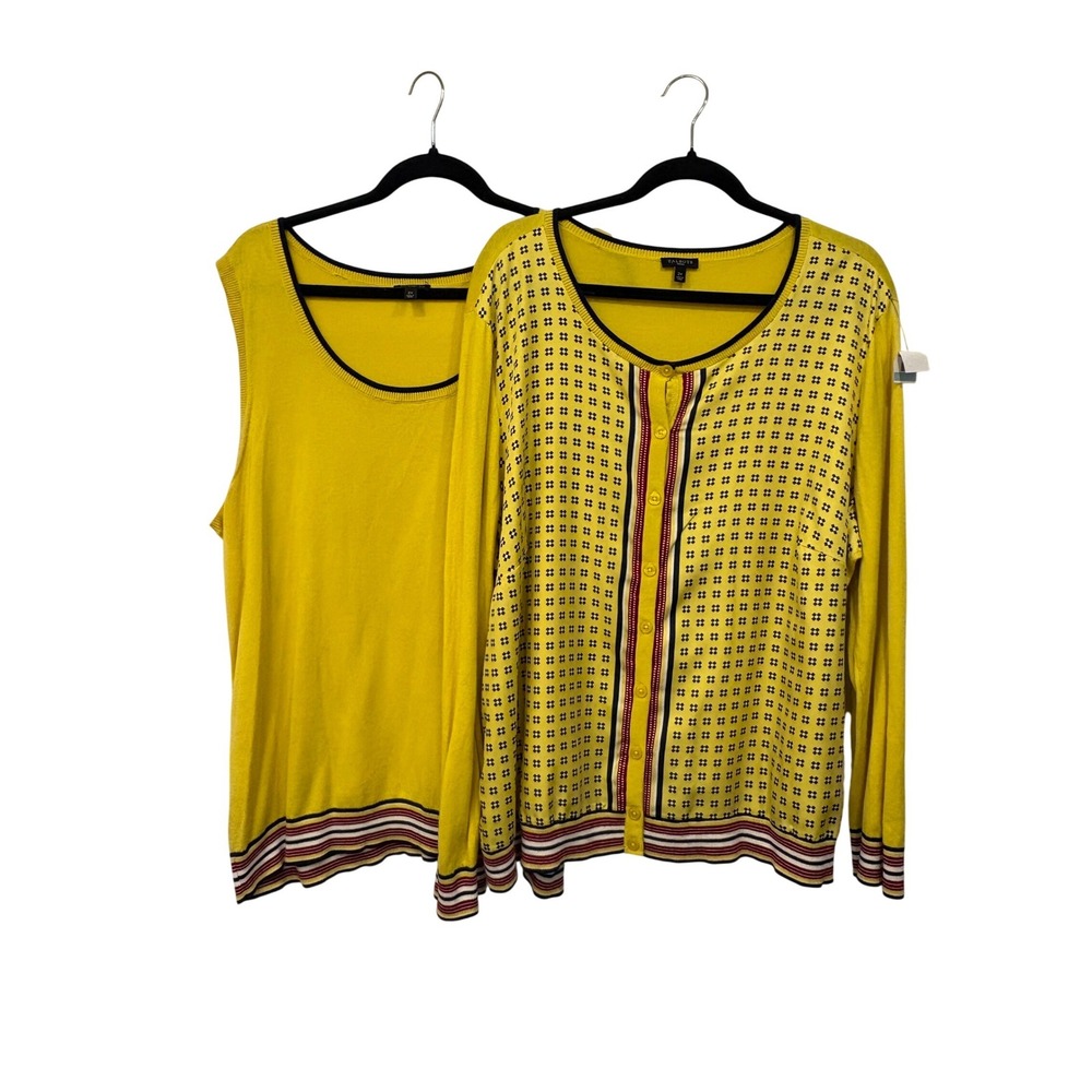 Talbots Cardigan Twin Set 2X Womens Yellow Geometric Striped Trim Happy Preppy